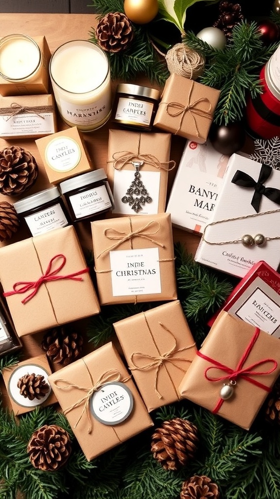 A collection of indie Christmas gifts including candles, jewelry, chocolates, and artwork, wrapped in eco-friendly materials.